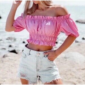 ZARA Womens Crop Poplin Ruched Top Size M Puff Sleeve Pink Elastic Trims EUC